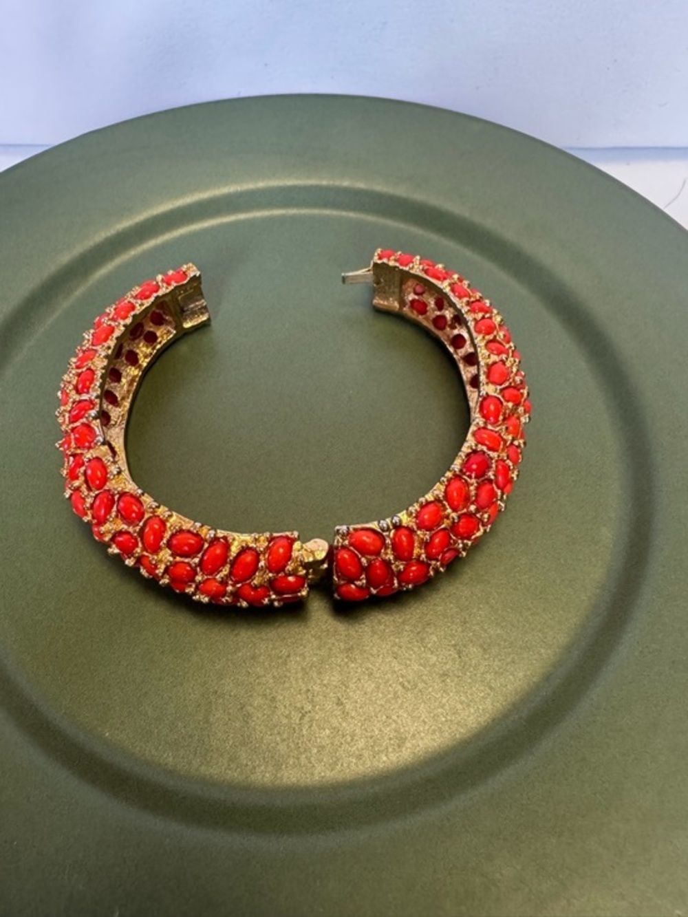 Kenneth Jay Lane (Inspired ) Coral Colored Cabochon Hinged Heavy Bangle Bracelet
